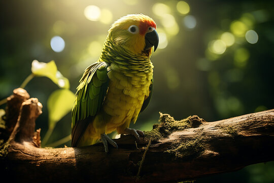 Generative AI Image of Green Parrot Bird Perched on a Tree Branch in Forest