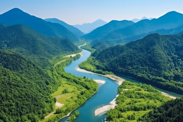 Naklejka na ściany i meble Enchanting Aerial Serenity: Majestic Mountains, Tranquil River, and Lush Green Forest Unite in Breathtaking Harmony
