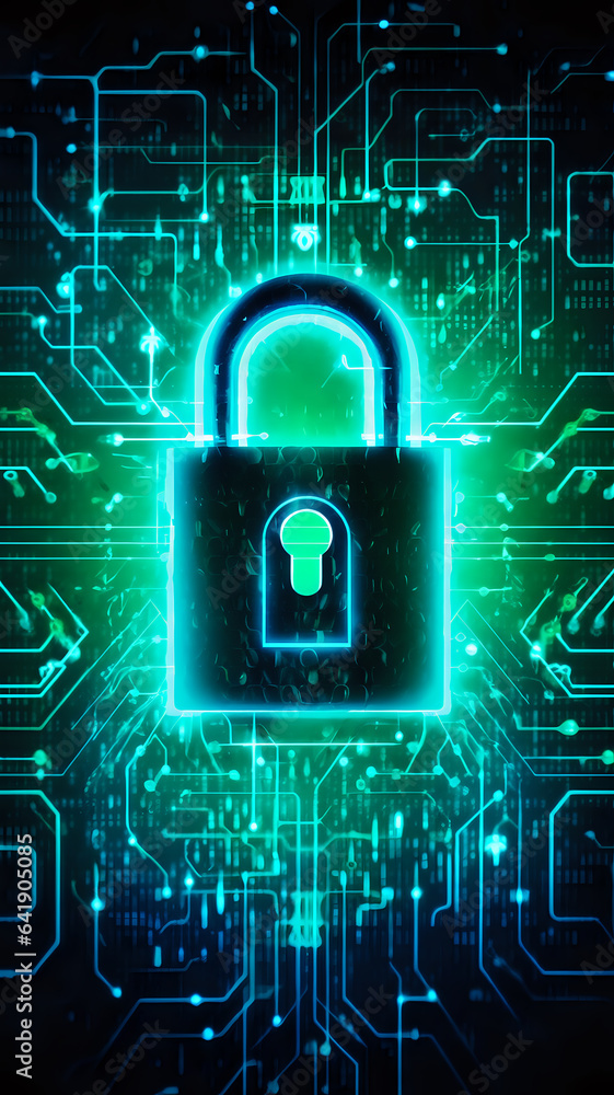Poster cyber security concept, padlock on a futuristic background of information array and electrical circu