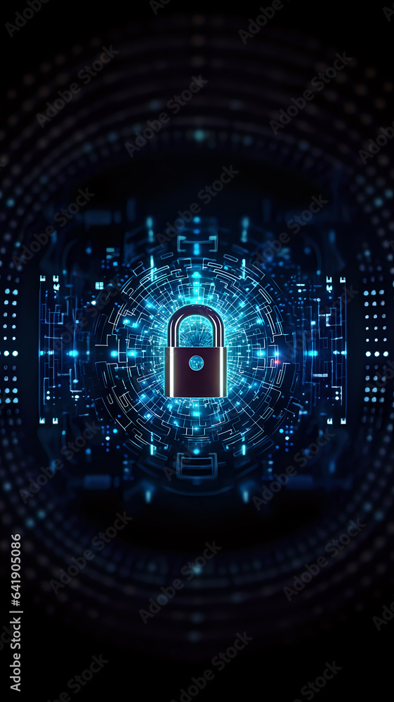 Poster cyber security concept, padlock on a futuristic background of information array and electrical circu