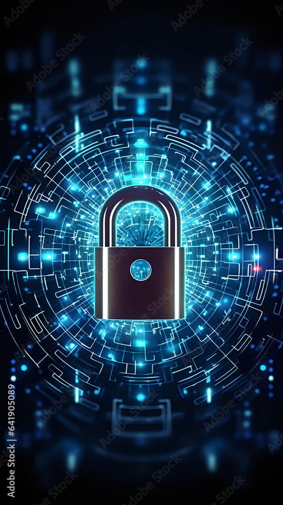 Poster cyber security concept, padlock on a futuristic background of information array and electrical circu