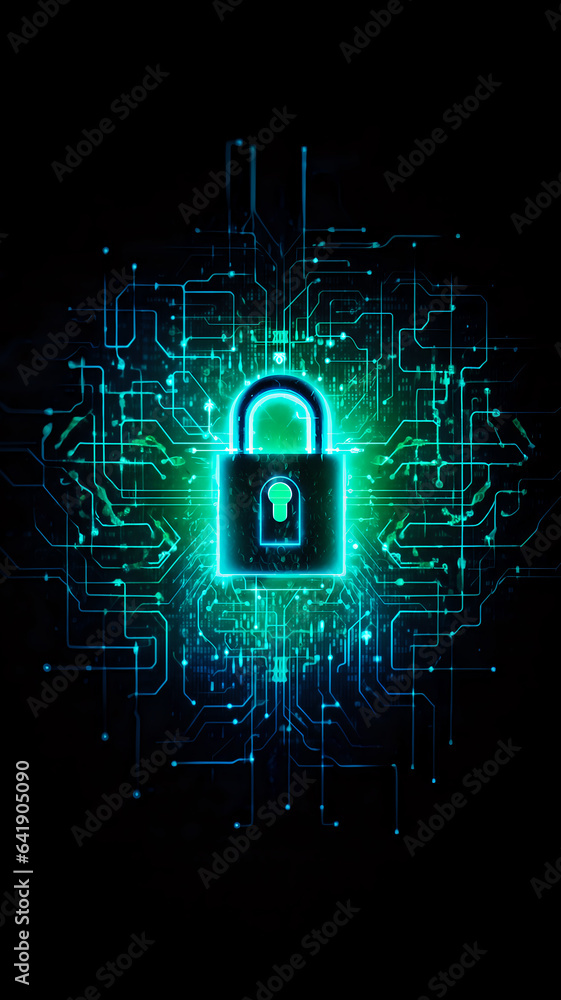 Poster cyber security concept, padlock on a futuristic background of information array and electrical circu