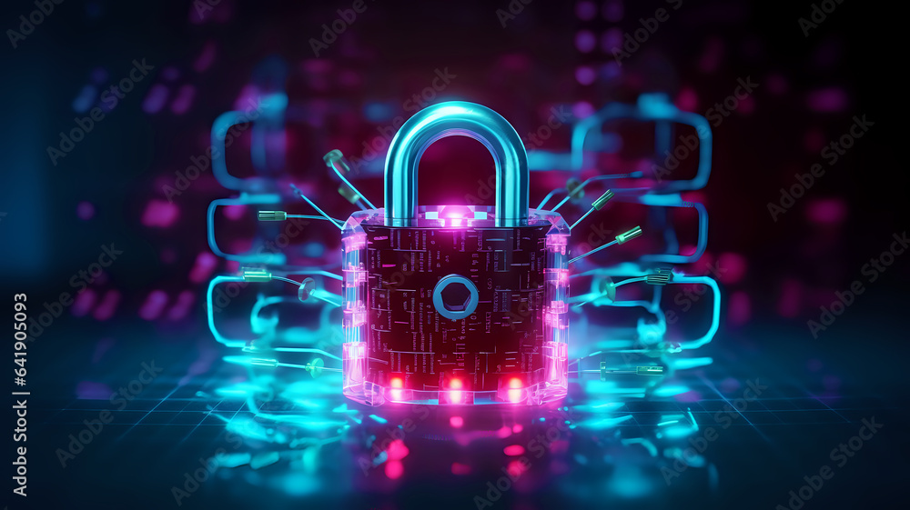Poster cyber security and protection of private information and data concept. door lock on the background o