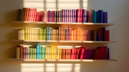 big bookshelf with colorful books, dream library,  colorful banner poster of big large bookcase with many book in house interior. Bookshelves in the library or large bookcase with lots of books