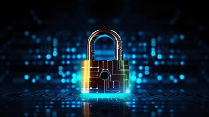 Cyber security and protection of private information and data concept. door lock on the background of data and information in blue tones