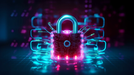 Cyber security and protection of private information and data concept. door lock on the background of data and information in blue tones - obrazy, fototapety, plakaty