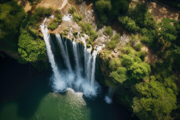 Enchanting Aerial Oasis: Majestic Waterfall amidst Pristine Greenery & Sparkling Waters. A Surreal Natural Wonder, Captivating & Serene. Remote Paradise for Adventure & Relaxation. Wilderness Escape!
