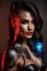 Obraz na płótnie Canvas A beautiful brunette biker girl in a sexy leather outfit, tattooed body. Generative AI_22.