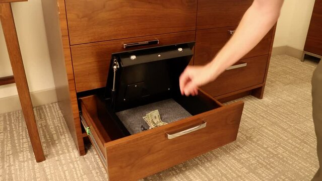 Person places item in hotel safe and then gets them out