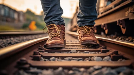 Wandaufkleber A Close-Up of Person's Shoes on Train Tracks, Capturing the Poignant Moment of Contemplation and Rails Perspective © Linus
