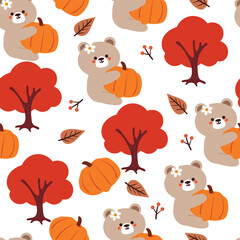 seamless pattern cartoon bear, leaves and autumn vibes element. cute autumn wallpaper for holiday. design for fabric, flat design, gift wrap paper 