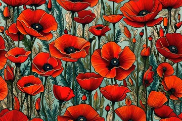 field of red poppies ,Close-up of poppies in a field 