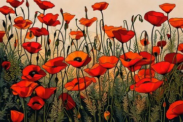 Obraz premium field of red poppies ,Close-up of poppies in a field 