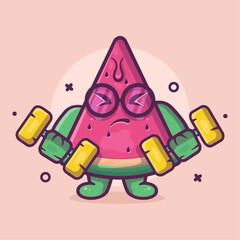 cute watermelon fruit character mascot doing bodybuilding using dumbbell isolated cartoon in flat style design