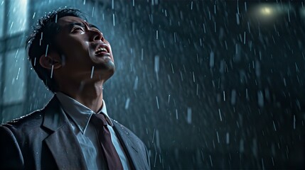 雨の中泣き叫ぶビジネスマン・悲しい・号泣・辛い・悔しい・ショック・絶望
