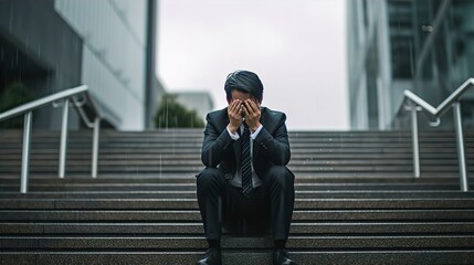 雨の中泣き叫ぶビジネスマン・失業・倒産・失う・ストレス・悲しい・号泣・辛い・悔しい・ショック・絶望
