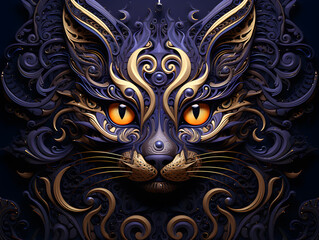 Illustration of a cat's face with ornamental pattern on a dark background