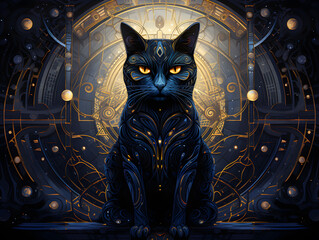 Illustration of a cat's face with ornamental pattern on a dark background