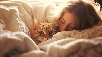 家で猫を可愛がる白人女性・ベッドで一緒に寝る・リラックスタイム
