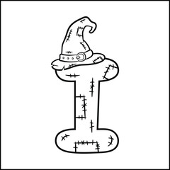 Halloween English Alphabet letter I witch sketch theme drawing for coloring