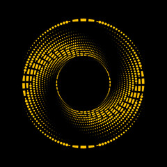 Yellow squares and dots in circle form. Segmented circle. Geometric art. Psychedelic stripes. Circular shape. Trendy design element for border frame, logo, tattoo, sign, symbol, web, social media