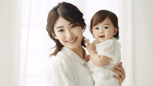 赤ちゃんを抱くアジア人女性・ママ・主婦・親子
