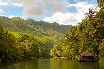 A small hut on tropical river with palm trees on both shores, Loboc river, Bohol