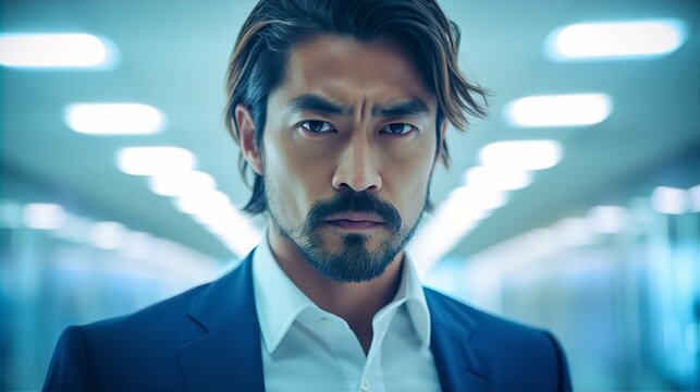 真剣な顔のアジア人ビジネスマン（髭・ワイルド・ダンディ）
