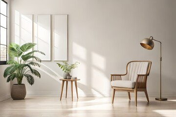 Empty beige wall mockup in boho room interior with wicker armchair and vase. Natural daylight from a window.