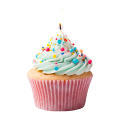 colorful cupcake with candle, icing on transparent background Remove png, Clipping Path