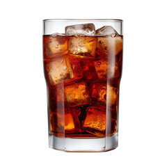 A refreshing glass of cola with ice cubes on a clean white background