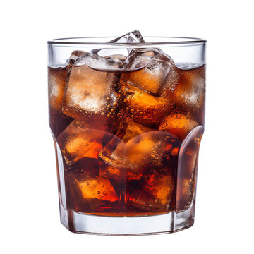 A refreshing glass of soda with ice on a clean white background