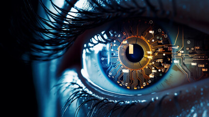 A Close-Up of a Human Eye Reflecting a Complex Technological World, Where Vision Meets the Future
