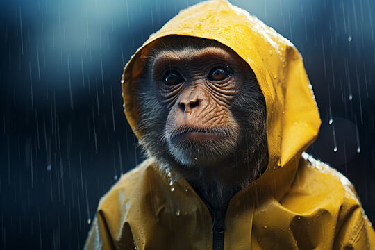 monkey wearing raincoat with raindrops background