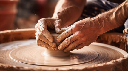 A Close-Up of a Potter's Hands Skillfully Shaping Clay on a Spinning Wheel, Crafting Artistic Beauty