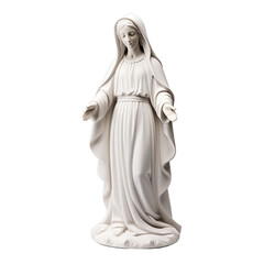 A white statue of the Virgin Mary on a pure white background