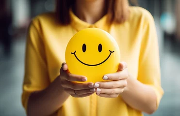 Photo sur Plexiglas Séoul Ball with happy woman smile relax face, customer review, good feedback rating, think positive,assessment, good mental health, satisfaction, world mental health day, Calm mood, good mood.