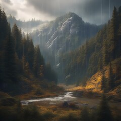 A pixel rain washing over a surreal landscape of pixelated mountains1
