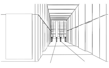 line drawing of a large office building hall,3d rendering