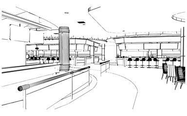 foodcourt space line drawing in the mall,3d rendering