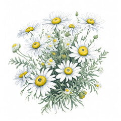 Fototapeta premium Bouquet with white chamomile flowers (Matricaria chamomilla, kamilla, scented mayweed, whig plant, mother's daisy). Watercolor hand drawn painting illustration, created with AI Generative technology