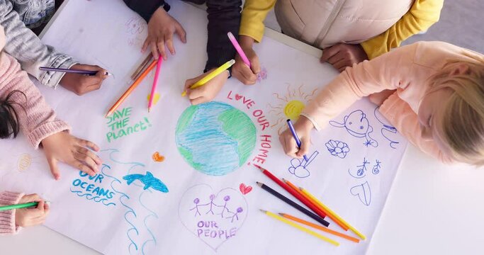 Kids in classroom, drawing and art from above for earth day, eco friendly education and kindergarten. Creative poster project, group of school children together, saving the planet and environment.