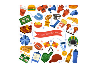 American Football Vector Illustration with Ball Athlete Equipment Elements Set in Flat Cartoon Background Templates