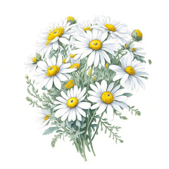 Bouquet with white chamomile flowers (Matricaria chamomilla, kamilla, scented mayweed, whig plant, mother's daisy). Watercolor hand drawn painting illustration, created with AI Generative technology