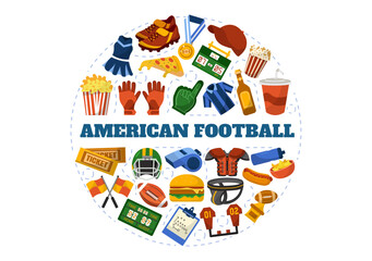 American Football Vector Illustration with Ball Athlete Equipment Elements Set in Flat Cartoon Background Templates