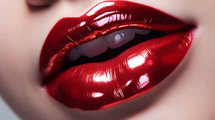 Obraz premium A Close-Up of a Girl's Lips adorned with Shiny Red Lipstick, Radiating Bold Elegance