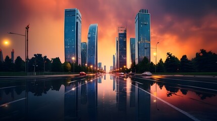 Fototapeta na wymiar Contemporary tall four towers skyscrapers located on rainy street with wet asphalt road against colorful evening sky, AI Generative