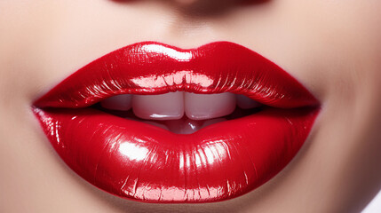 A Close-Up of a Girl's Lips Glistening with Shiny Red Lipstick, Exuding Glamour and Allure