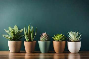 Plants in pots at wall background, houseplants potted in flowerpots in row