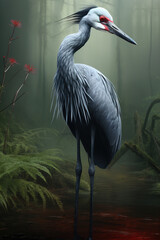 Fototapeta premium Image of demoiselle crane foraging in the forest, Bird, Wildlife Animals., Generative AI, Illustration.